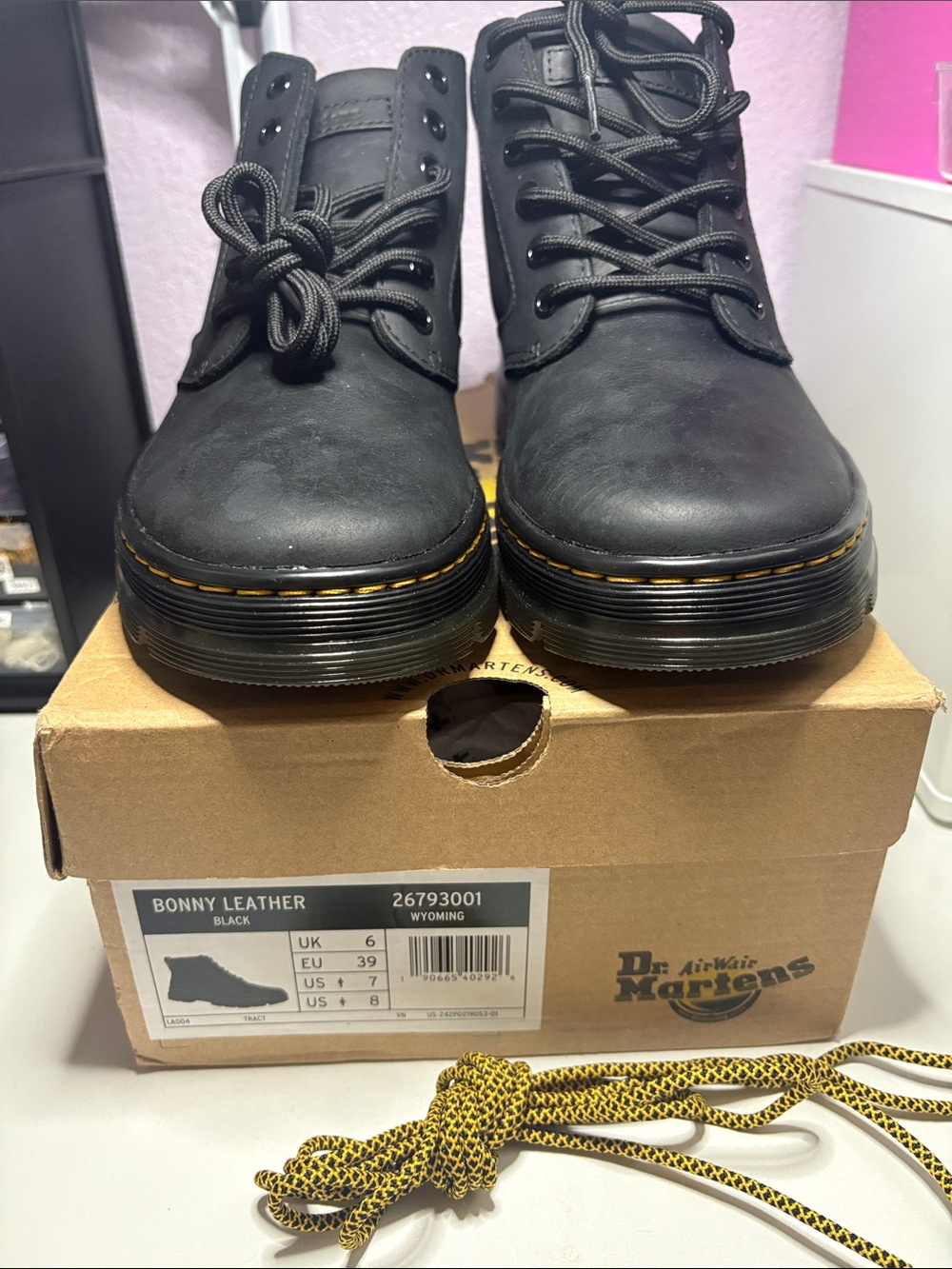 Dr. Martens Black Leather Lace-Up Boots with Yellow Stitching